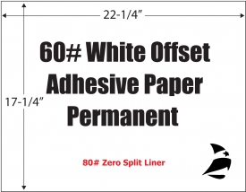 White Offset 60# Adhesive Paper, 17-1/4" x 22-1/4", Permanent, Zero Split, 500 Sheets