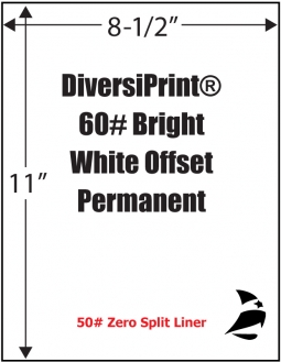 DiversiPrint Bright White Offset  60# Adhesive Paper, 0-Split No Print, 8-1/2" x 11", 1,000 Sheets