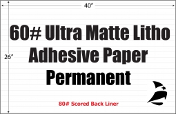 Ultra Matte Litho 60#  Adhesive Paper, Permanent, Scored, 26" x 40", 200 Sheets