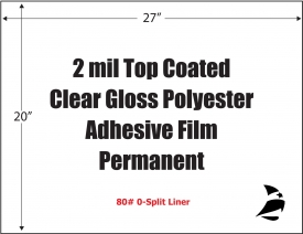 Clear Gloss Polyester 2 mil Top Coated Adhesive Film, 27" x 20", Zero Split,  Permanent, 100 Sheets