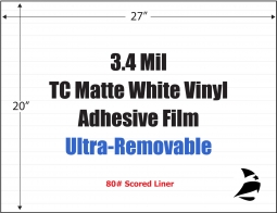 3.4 Mil TC Matte White Vinyl, 27" x 20", Ultra Removable Scored Liner, 100 Sheets