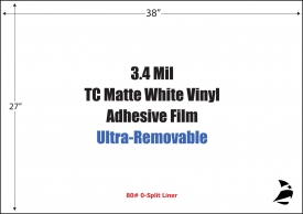 3.4 Mil TC Matte White Vinyl, 27" x 38", Ultra-Removable, 0-Split Liner, 100 Sheets