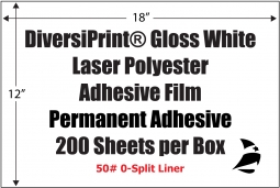 DiversiPrint Gloss White Laser Polyester Adhesive Film, 12" x 18", Permanent, 0-Split, 200 Sheets