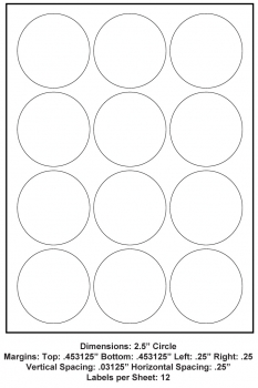 2.5 Inch Circle (12 Up),  8.5 x 11 Adhesive Label Paper, 1,000 Sheets per Carton